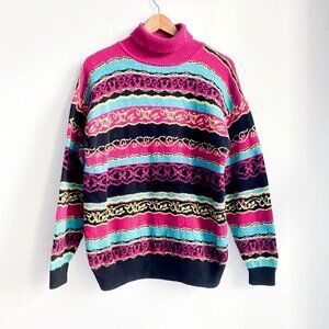 Vintage Esprit Colourful Magenta Teal Wool Blend Turtleneck M